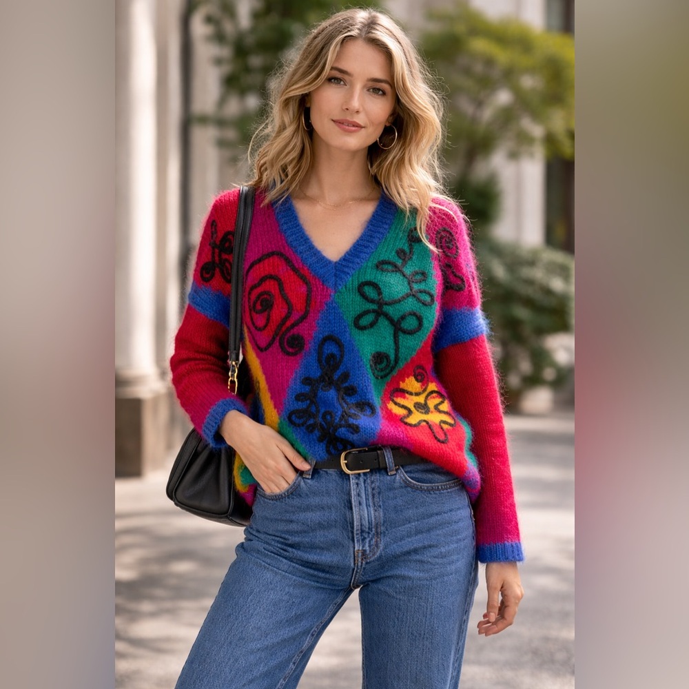 Vintage 80s Mohair Blend Sweater The Limited Colorful Abstract‎ Art Knit L